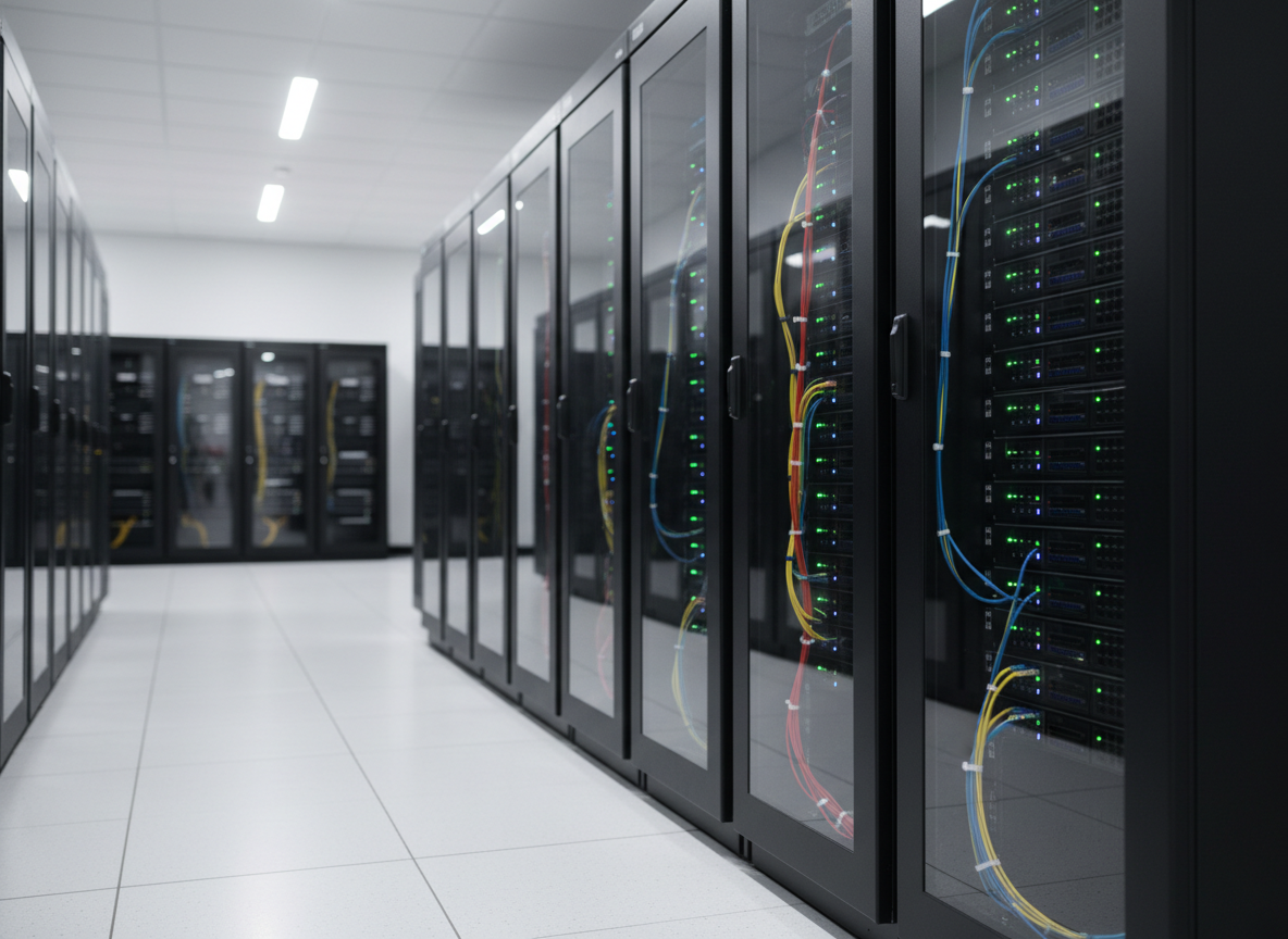 A row of matte black enterprise servers lined neatly inside a modern data center rack, each chassis displaying tiny green and blue status lights. Thick, organized bundles of color-coded cables route toward the back, emphasizing order and control. The floor is a reflective raised white tile, and the background softly blurs to more equipment, suggesting scale. Cool, diffused overhead LED lighting creates crisp reflections on metal surfaces while eliminating harsh shadows. Shot at eye level with a slight angle down the aisle, the composition uses leading lines to draw the viewer toward the vanishing point. The atmosphere feels secure, professional, and meticulously managed, captured in clean, photographic realism for a modern IT asset disposition blog hero image.